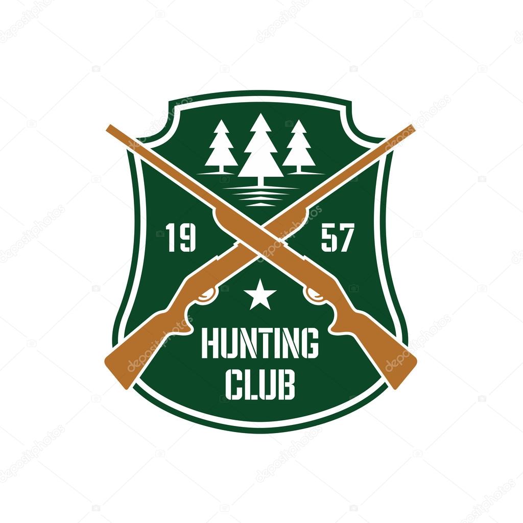 Dark green heraldic shield insignia with crossed hunting rifles and white silhouettes of fir trees, supplemented by foundation date and star. Hunting club or sporting contest design usage