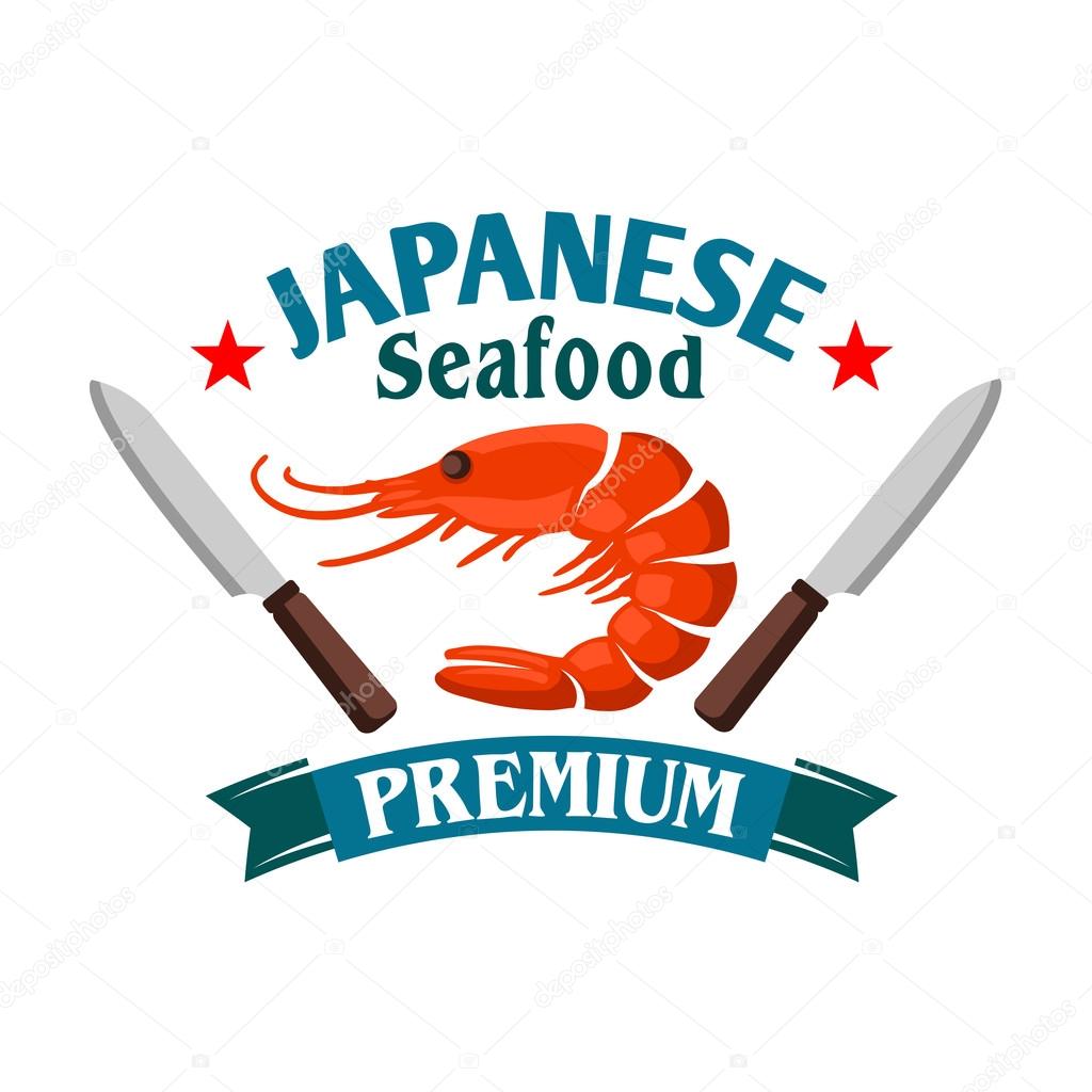 Japanese seafood restaurant symbol of fresh royal red shrimp, flanked by sushi chef knives, stars and ribbon banner with text Premium. Cartoon style