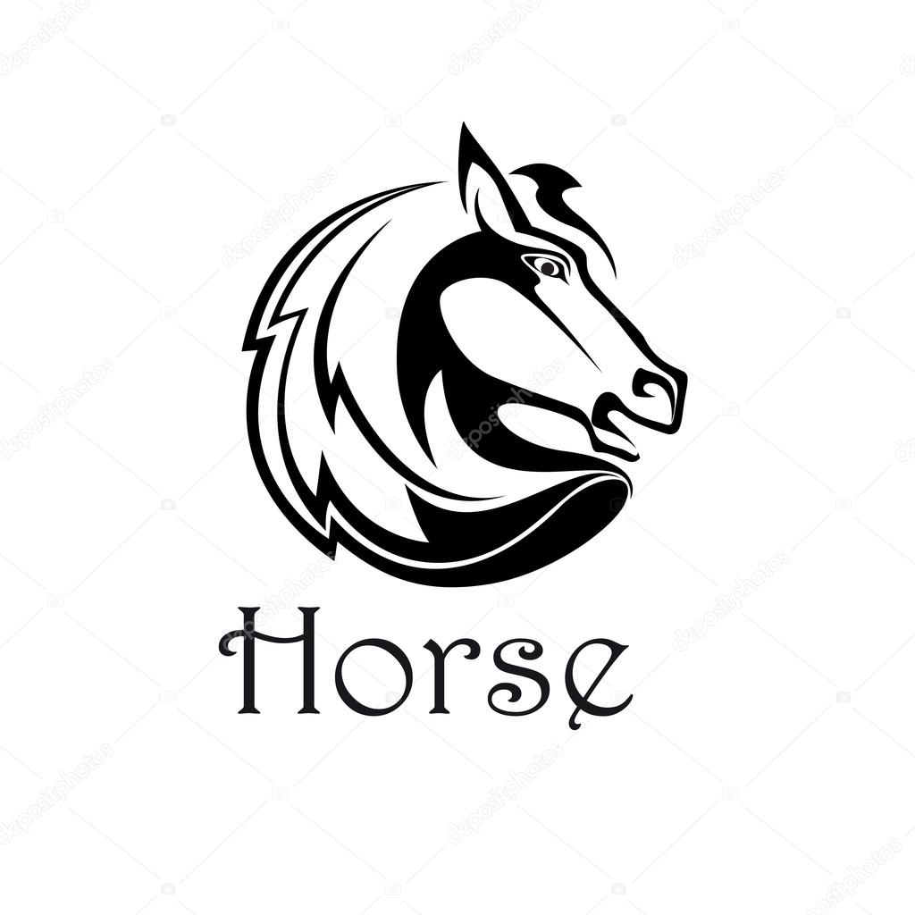 Vintage horse with flying mane arranged into round symbol, adorned by tribal decorative elements. Great for motorsport or chess tournament mascot design
