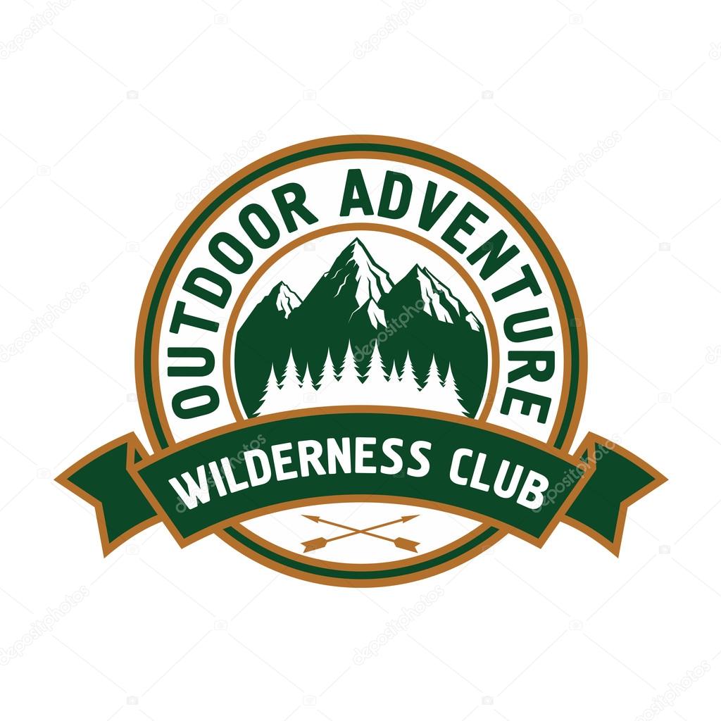 Outdoor adventure retro badge of scenic mountain landscape with forest, encircled by round seal with ribbon banner and text Wilderness Club. Great for campground symbol or travel theme design
