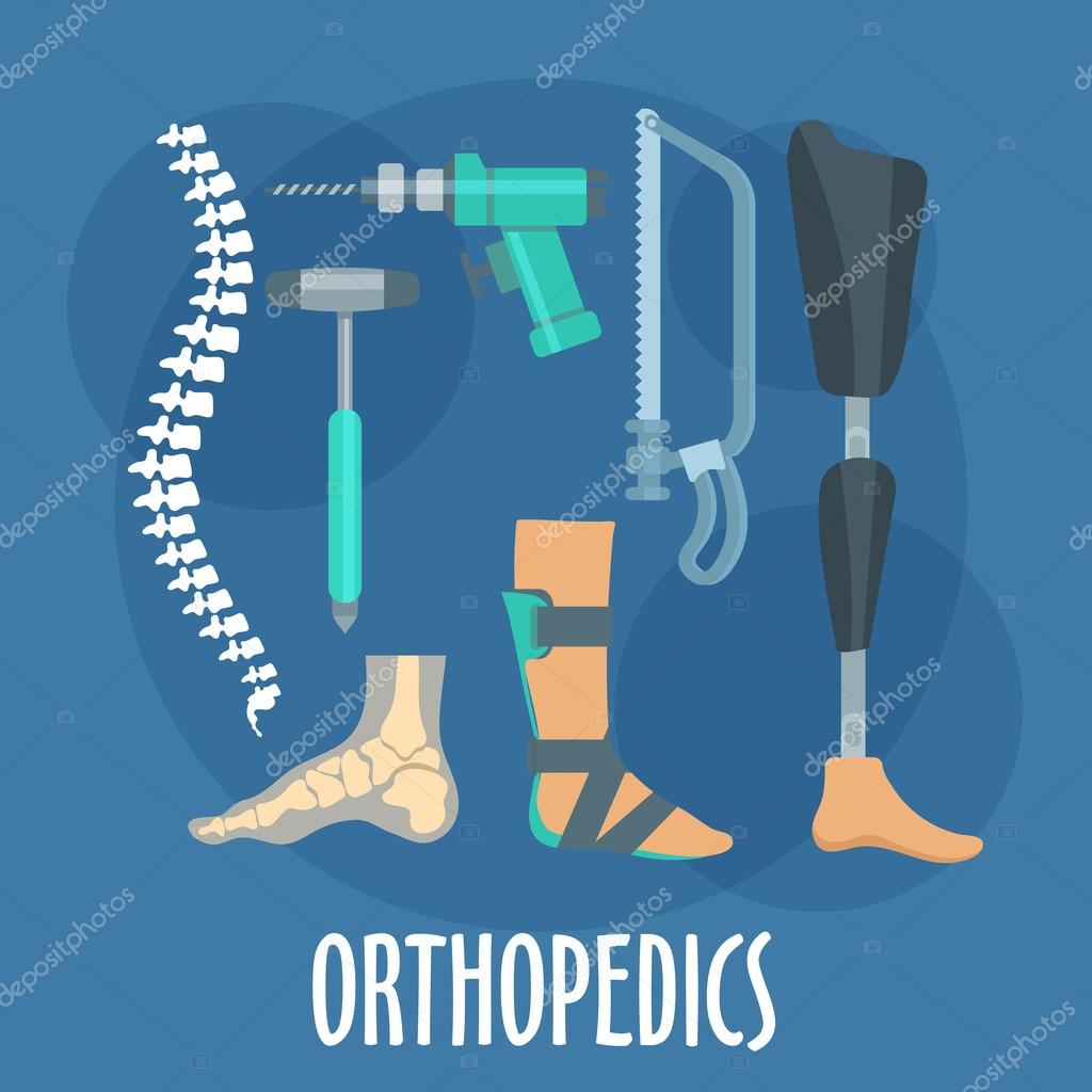 Orthopedics and prosthetics medicine symbol for orthopaedic clinic design usage with bones of vertebral column and foot, prosthetic leg and ankle foot orthosis, charriere bone saw, bone drill and