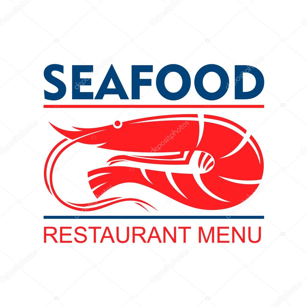 Seafood restaurant menu badge design template with marine red shrimp with white striped tail and long antennae