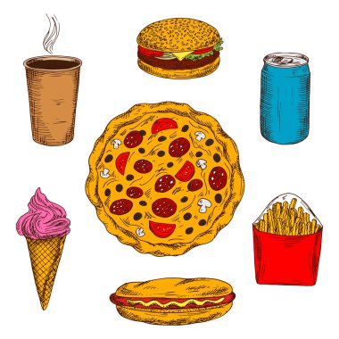 Fast food öğle yemeği menüsü renkli kroki simgesi