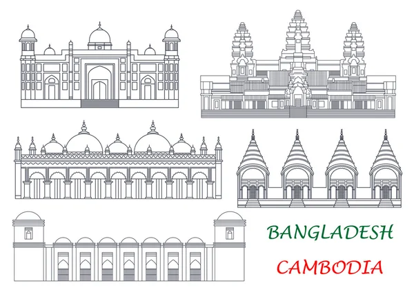 Туристичні визначні пам'ятки Камбоджі та Бангладеш ікони — стоковий вектор