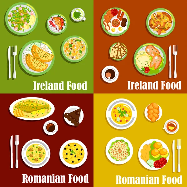 Plats nationaux de cuisine irlandaise et roumaine — Image vectorielle