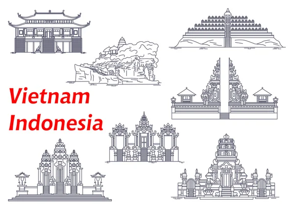 Oude tempels van Indonesië en Vietnam iconen — Stockvector