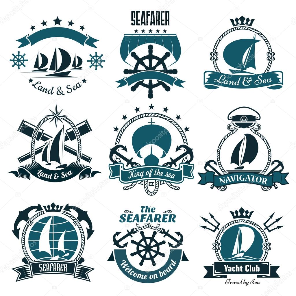 Sailing ships and sporting sailboats icons for yacht club, sailing sports or marine travel design including helms and anchors, spy glasses and tridents, framed by ribbon banners and ropes, compasses