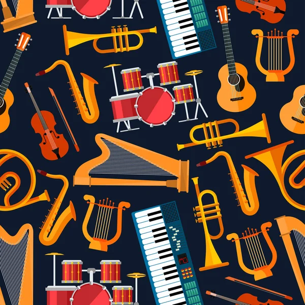 Modèle d'instruments de musique plats sans couture — Image vectorielle