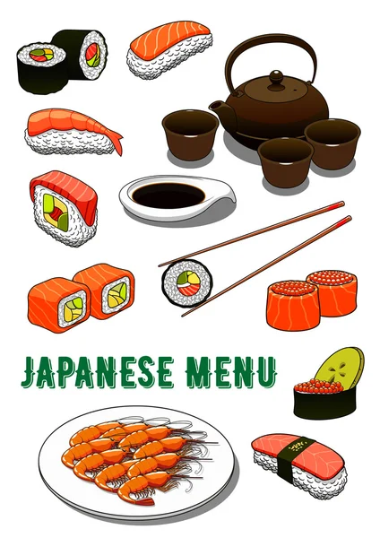 Sushi japonês, camarões grelhados, molho de soja e chá —  Vetores de Stock