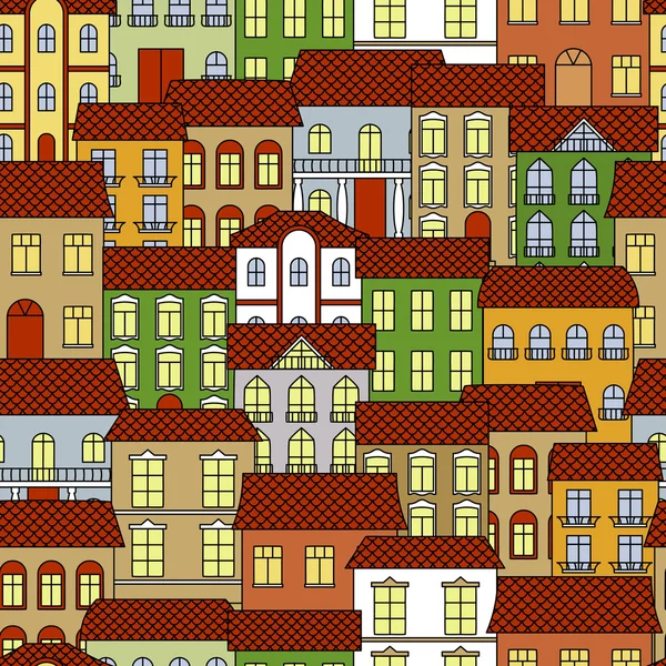 Vieille ville sans couture paysage urbain fond motif — Image vectorielle