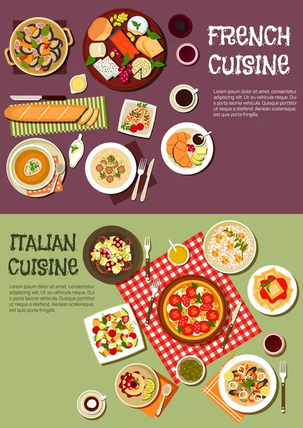 Mediterrane Küche mit französischen, italienischen Gerichten — Stockvektor