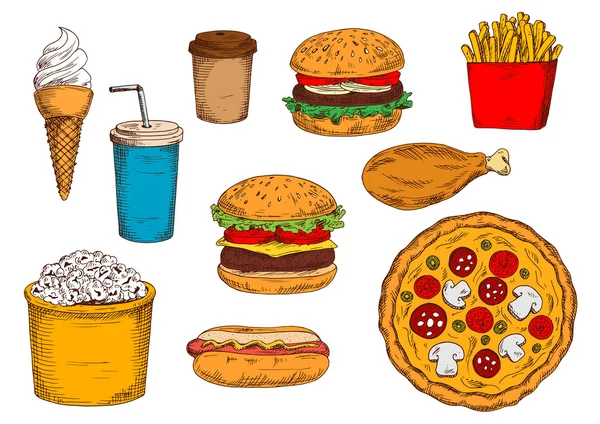 Hamburger menu schets symbool met desserts en drankjes — Stockvector