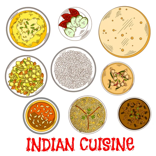 Indiai vegetáriánus Thali vázlat különböző curry — Stock Vector