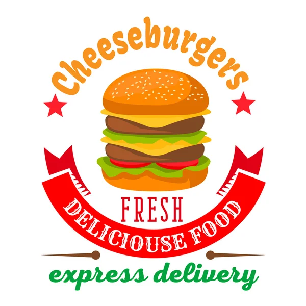 Cheeseburger kulatý symbol pro rychlou potravinářskou kavárnu — Stockový vektor