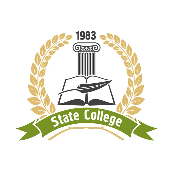 State College heraldische Insignia met boek en pen — Stockvector