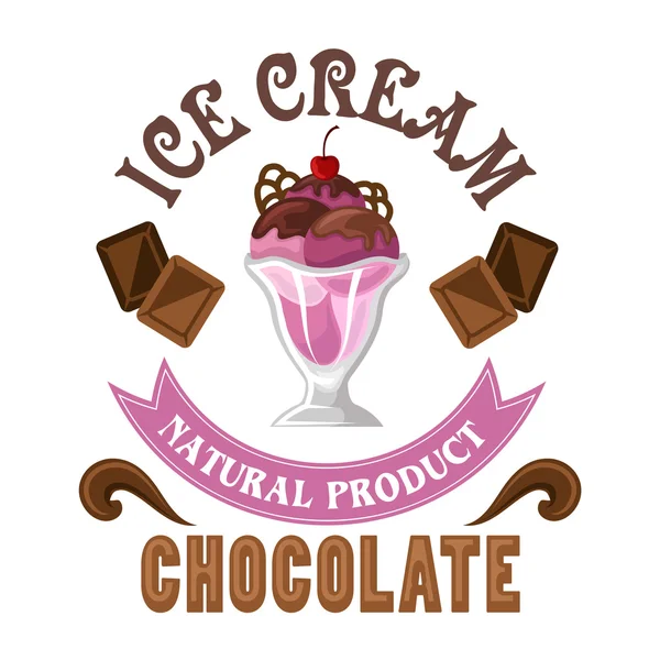 Ice cream badge with chocolate and sherry sundae — Stock Vector