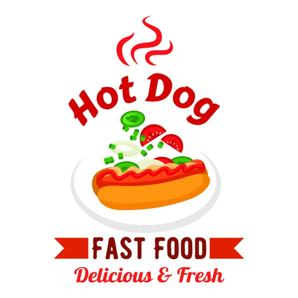 Hot dog Fast Food avec badge légumes frais — Image vectorielle