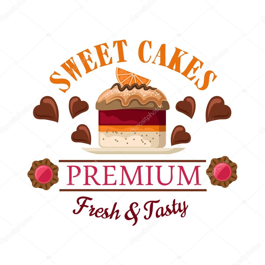 Red velvet mini cake icon for bakery shop interior or cafe menu design with petit fours topped by caramel sauce and orange fruit slice, surrounded by heart shaped chocolate candies and jam filled