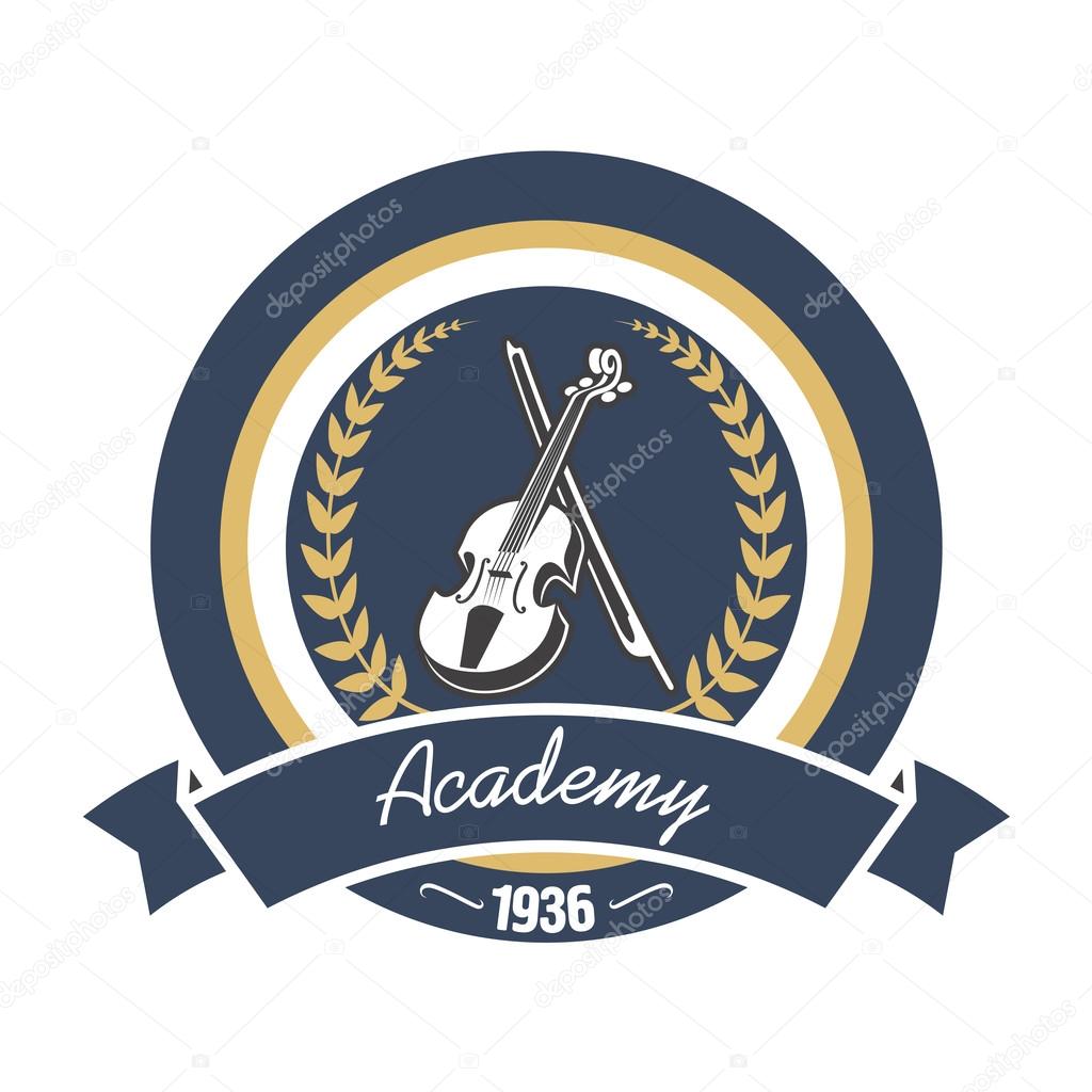 Music academy round insignia with violin and bow, encircled by laurel wreath and ribbon banner with foundation date below. Music education theme or educational institution symbol design usage