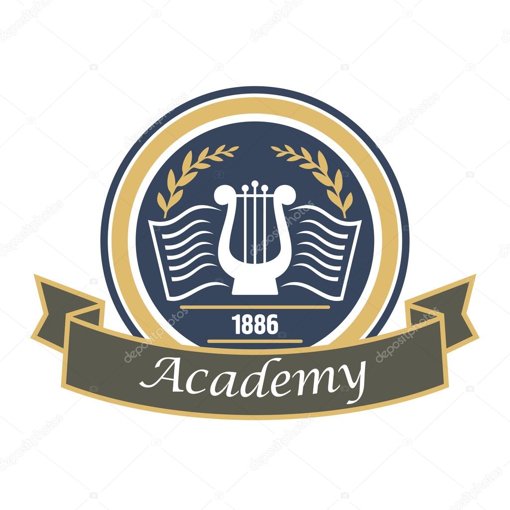Music and arts academy round badge with vintage lyre and book decorated by laurel wreath and ribbon banner. Educational institution heraldic insignia or art education theme design usage