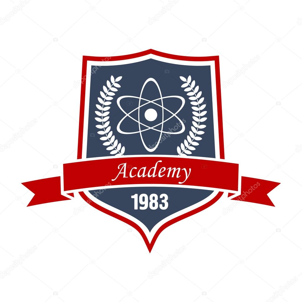 Academy of physics insignia or science education symbol with model of atom, encircled by laurel wreath on medieval shield with ribbon banner. May be use as education or heraldry theme design