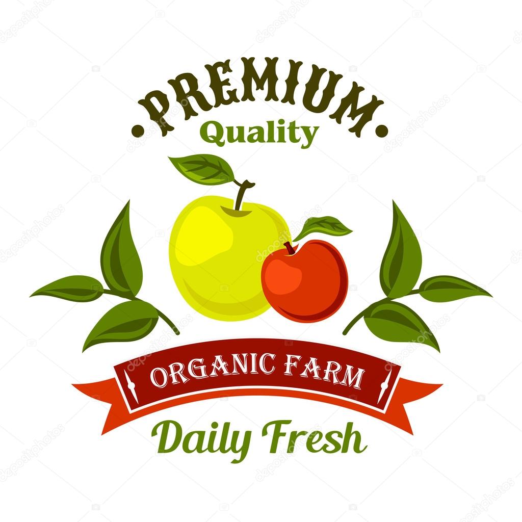 Locally farm grown fresh apple fruits retro symbol for harvest festival or farm market design. Freshly harvested fruits badge decorated by apple branches and retro ribbon banner with text Organic Farm