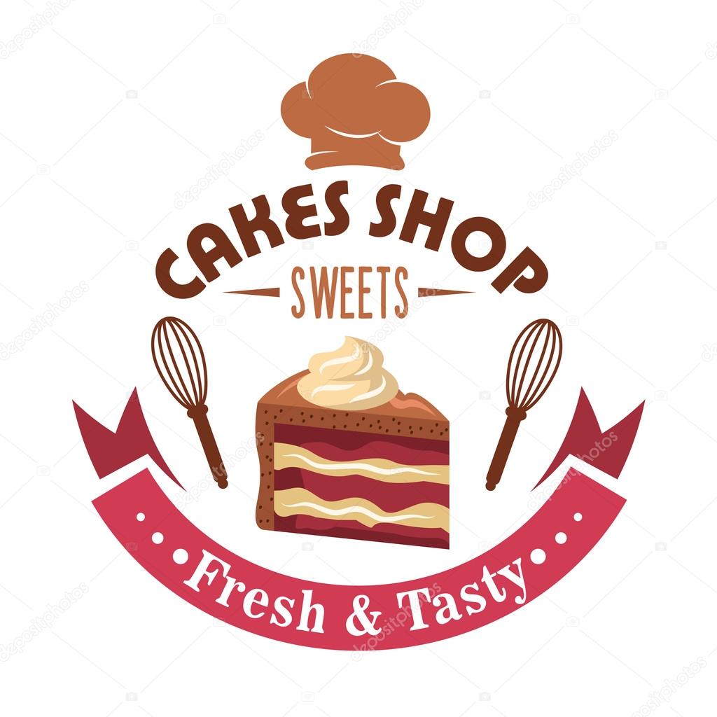 Cake shop retro symbol design with slice of layered strawberry cake with chocolate frosting garnished by buttercream swirls, framed by whisks on both sides, chef hat on the top and magenta ribbon