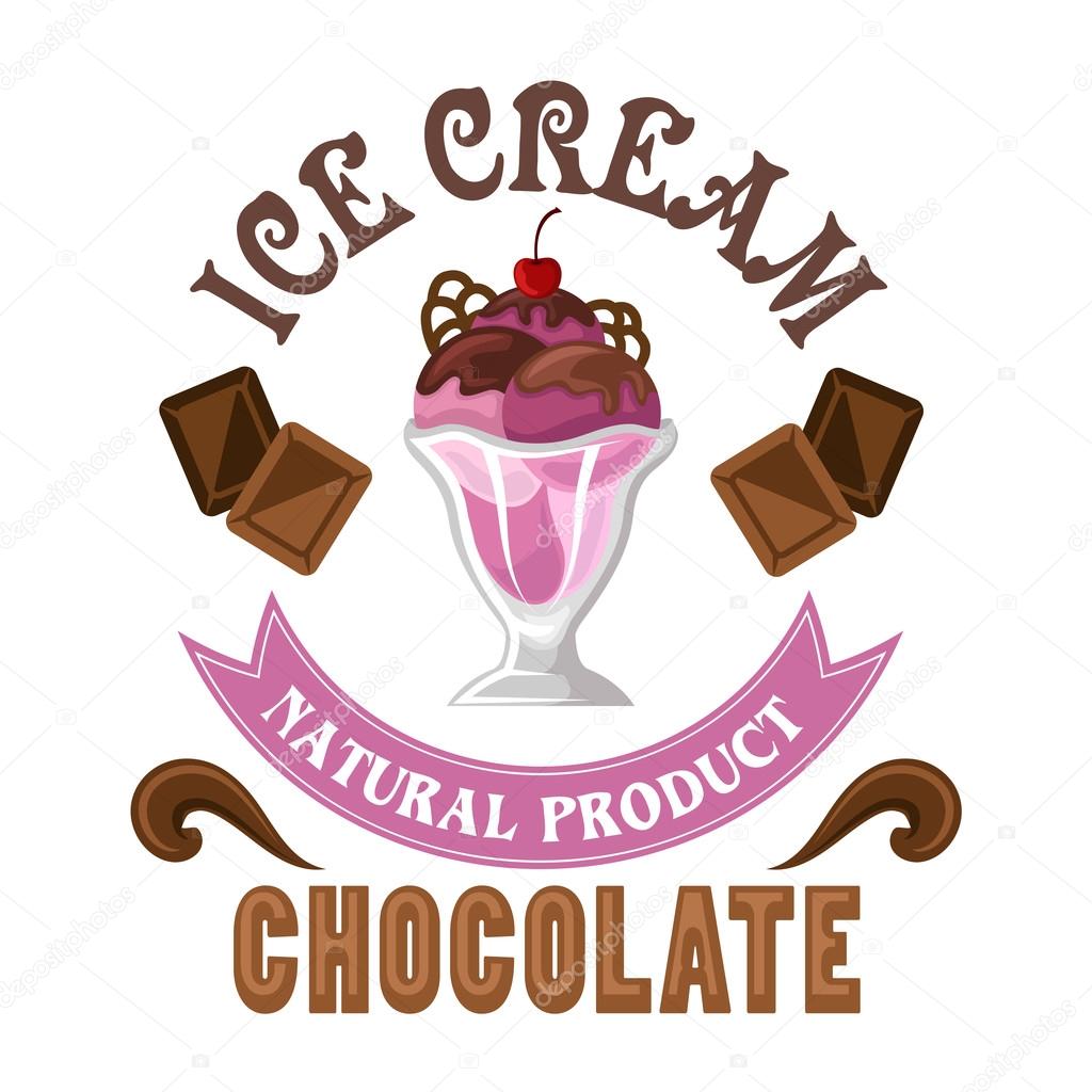 Cherry ice cream dessert icon served in tall glass with chocolate sauce, garnishes and maraschino cherry on the top. Fruity sundae, encircled by chocolate bars and splashes for cafe symbol or dessert