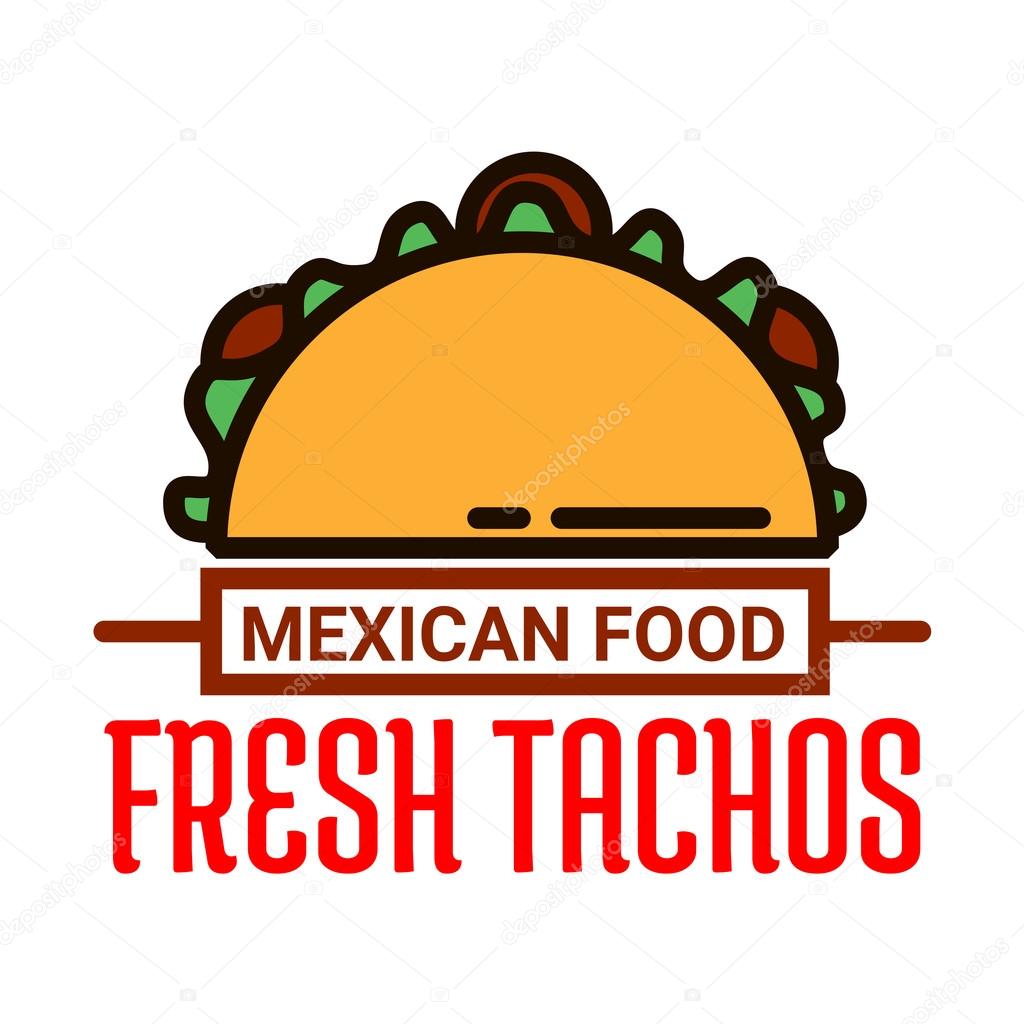 Authentic mexican food restaurant thin line symbol of fresh crispy taco filled with beef and vegetables. May be use as takeaway food packaging or cafe interior design