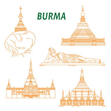 Burma'nın antik Budist tapınakları ince çizgi ikonlar
