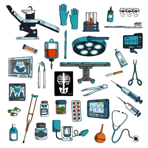 Medical instruments and equipments sketch icons — Stock Vector