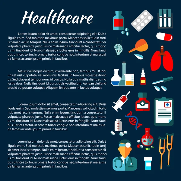 Conception de bannière de soins de santé avec des icônes médicales plates — Image vectorielle