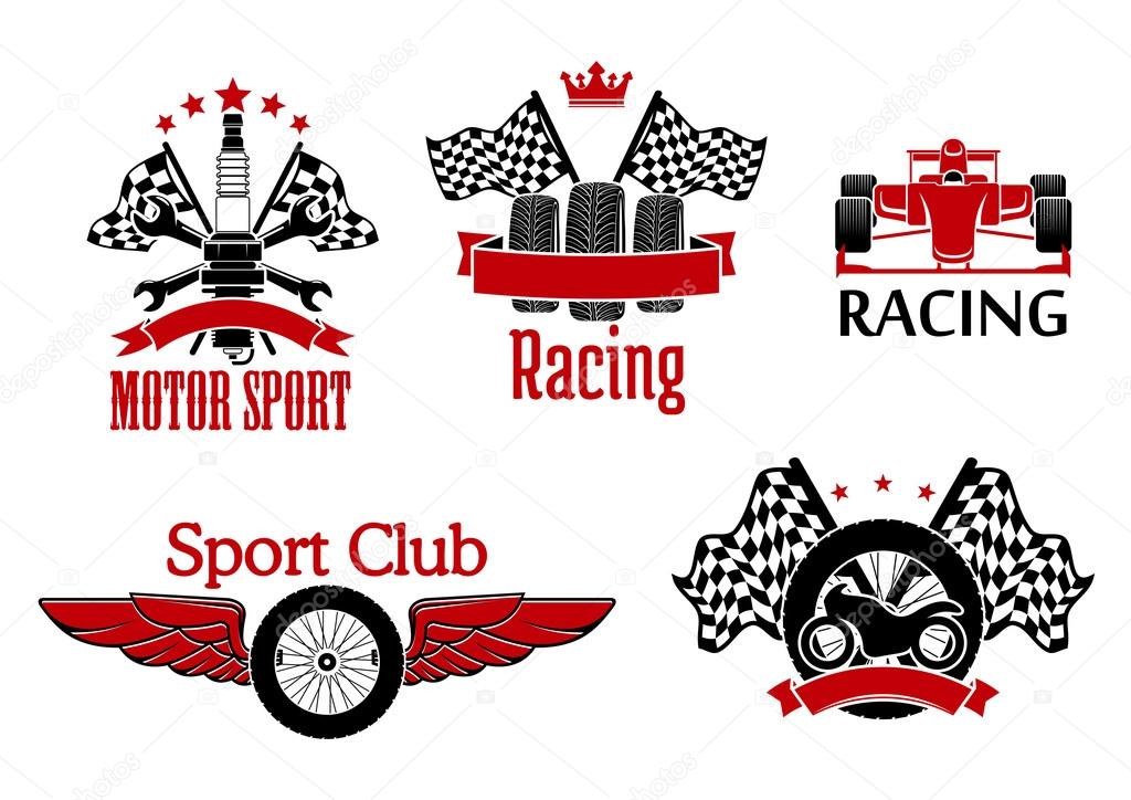 Winged wheel, tires with racing flags and motorcycle, open wheel race car and spark plug with crossed spanners and flags on the background symbols for motorsport theme design supplemented with ribbon