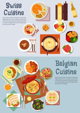 Worldwide popular dishes of swiss, belgian cuisine