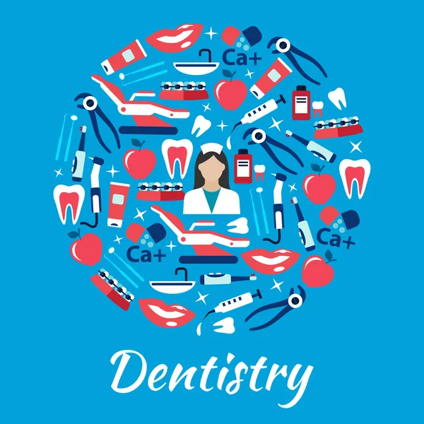 Símbolo abstracto de odontología con iconos planos médicos — Vector de stock