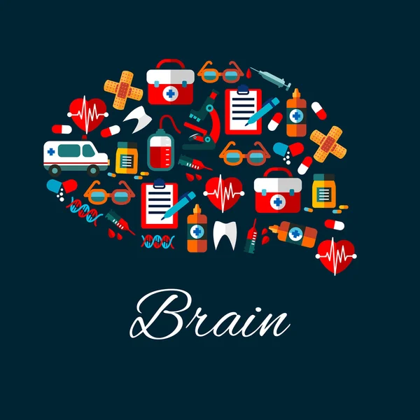 Mozek s plochými ikonami zdravotnické a zdravotní péče — Stockový vektor