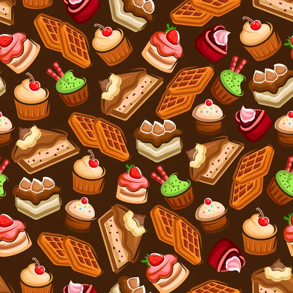 Kuchen, Cupcakes und Waffeln nahtlose Muster — Stockvektor