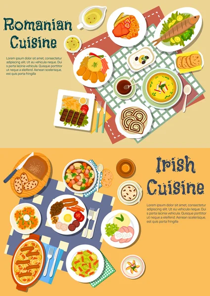 Comida rica de cozinha romena e irlandesa ícone plana — Vetor de Stock
