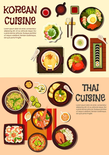 Platos orientales exóticos de cocina coreana y tailandesa — Vector de stock