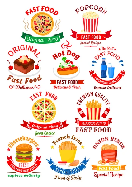 Fast food cafe or pizzeria badges design — Stock Vector