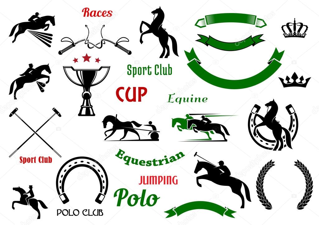 Equestrian and polo club, races and jumping show competition symbols with rearing up and jumping horses, galloping race horses with riders, trophy cup and horseshoes, crossed mallets and whips