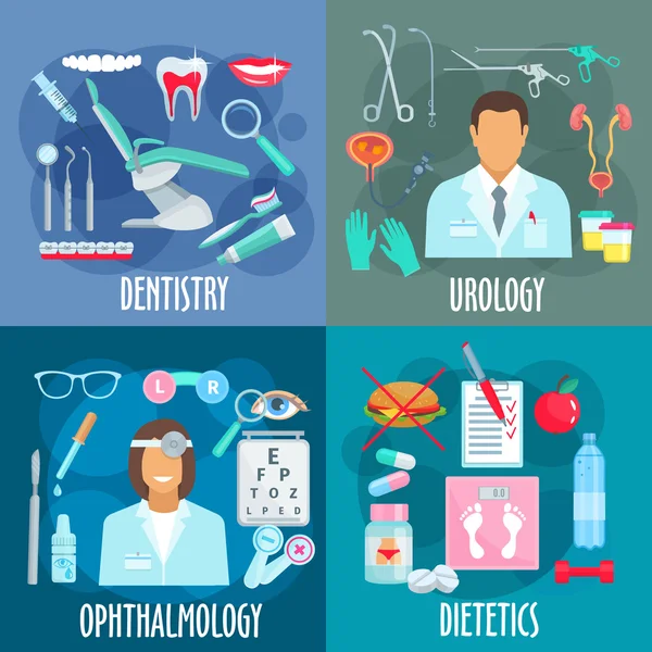 Odontología, urología, oftalmología, íconos dietéticos — Archivo Imágenes Vectoriales