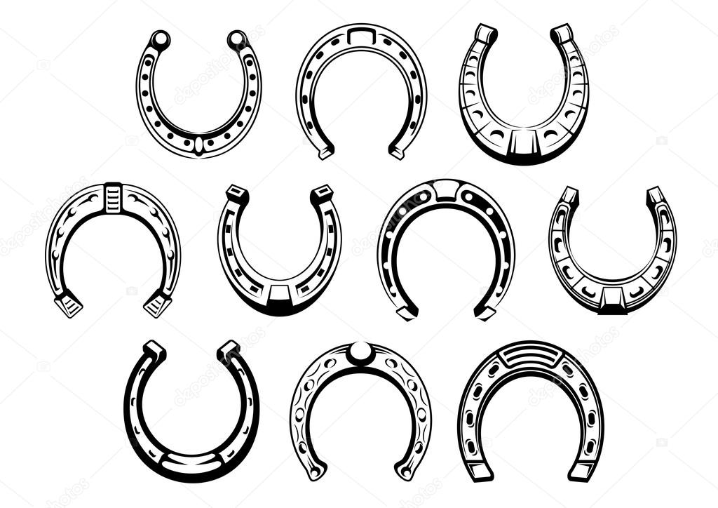 Lucky horseshoes icons with decorative ornaments of nail holes, figured toes and rounded heels. Great for protective talisman, heraldic canting charges design usage