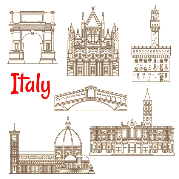 Symbolic landmarks of Italy linear symbols — Stock Vector