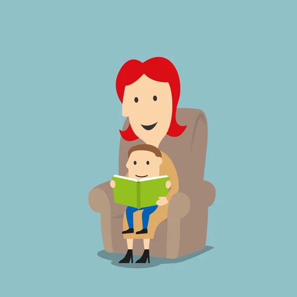 Madre e hijo leyendo libro en sillón — Archivo Imágenes Vectoriales