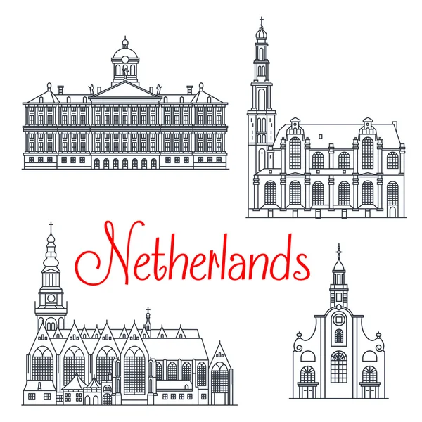 Dunne lijn reizen iconen van Nederland — Stockvector