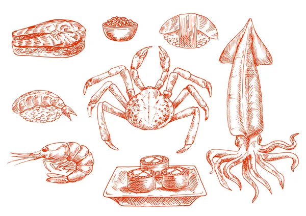 Syrové rybí kuchyně, krab a olihně — Stockový vektor