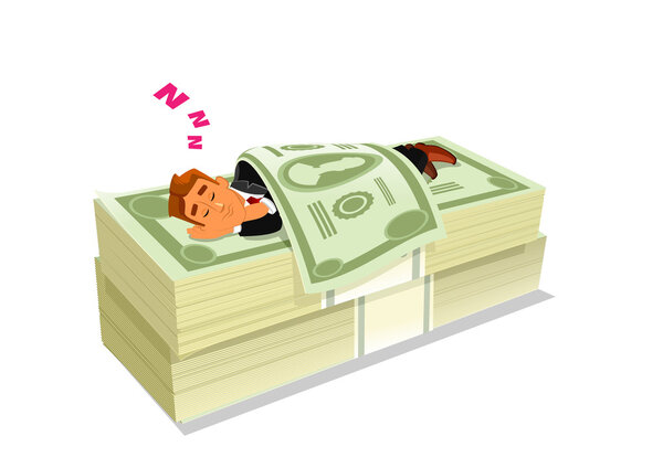 Businessman sleeping on pack of cash or money