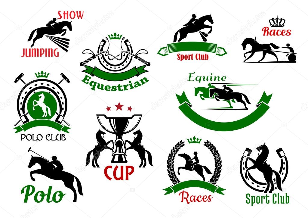 Equestrian or horse racing sport icons. Banners and badges of horse and rider silhouettes jumping over fence or barrier, whips under crown and rearing horses with trophy cup, polo sport club and