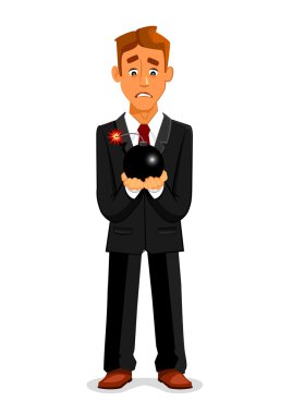 Bomba tutan korkmuş bir görünüm ile Karikatür işadamı